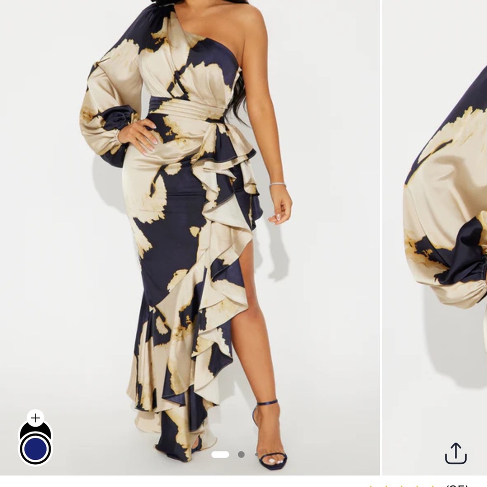 Fashion Nova Blue and Cream One Shoulder Cocktail Gown
